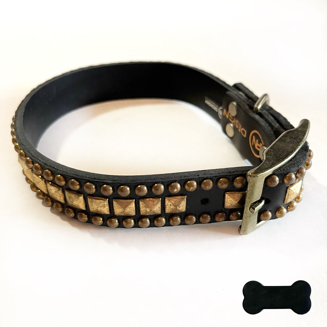 RN Design/Dog collar - Black x Gold pyramid